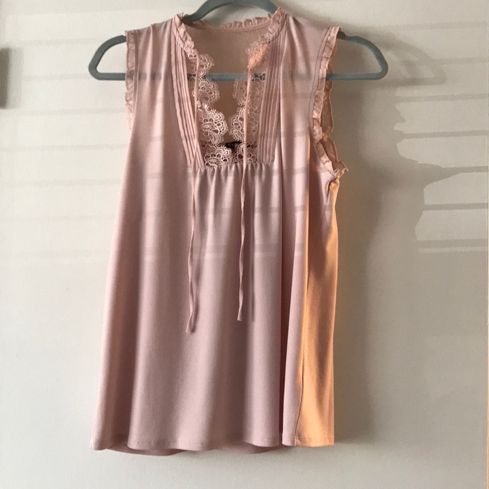 Express Light Pink Lace Tie-Neck Sleeveless Blouse